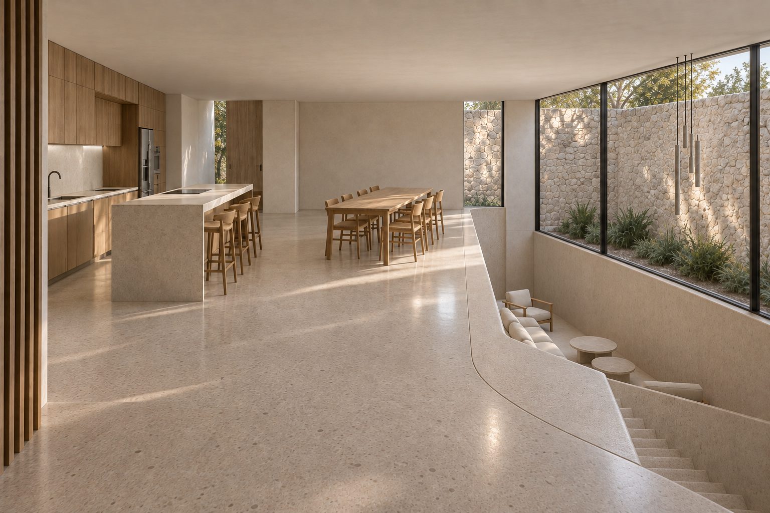 Interior con cocina de madera, comedor, piso de terrazo y sala hundida junto a un ventanal con muro de piedra