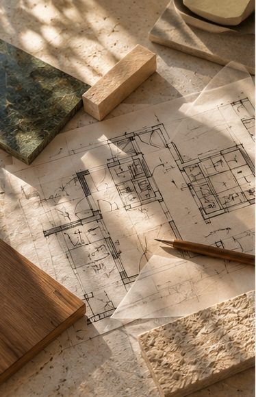 Planos, muestras de piedra y madera sobre la mesa